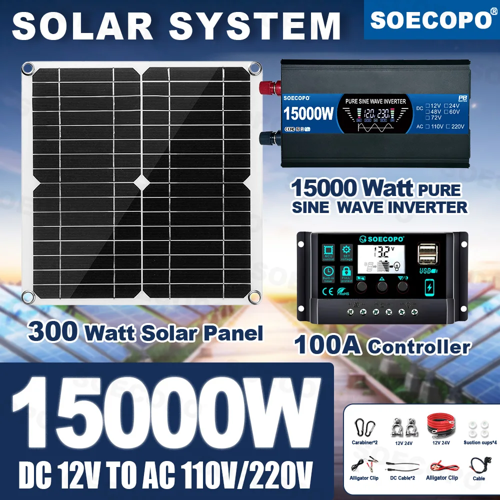 

Pure Sine Wave Inverter SOECOPO 15000W Solar System Kit 300W Panel 100A Controller 110V 220V Generator for RV Fishing off grid