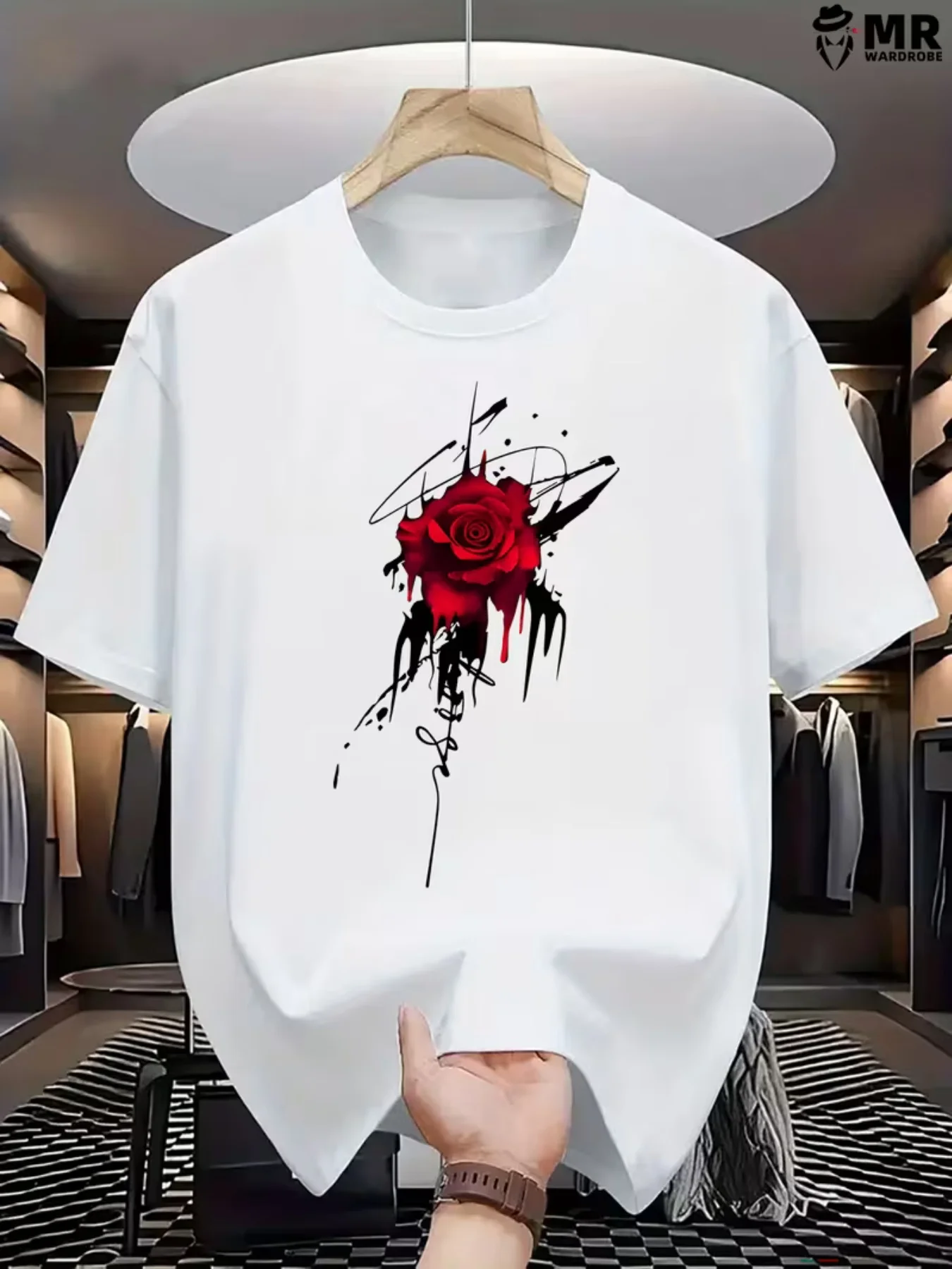 Men's 2026 Summer Fashion New Style Casual Simple Rose Patterned Printed T-Shirt 100% Cotton Loose Short Sleeves