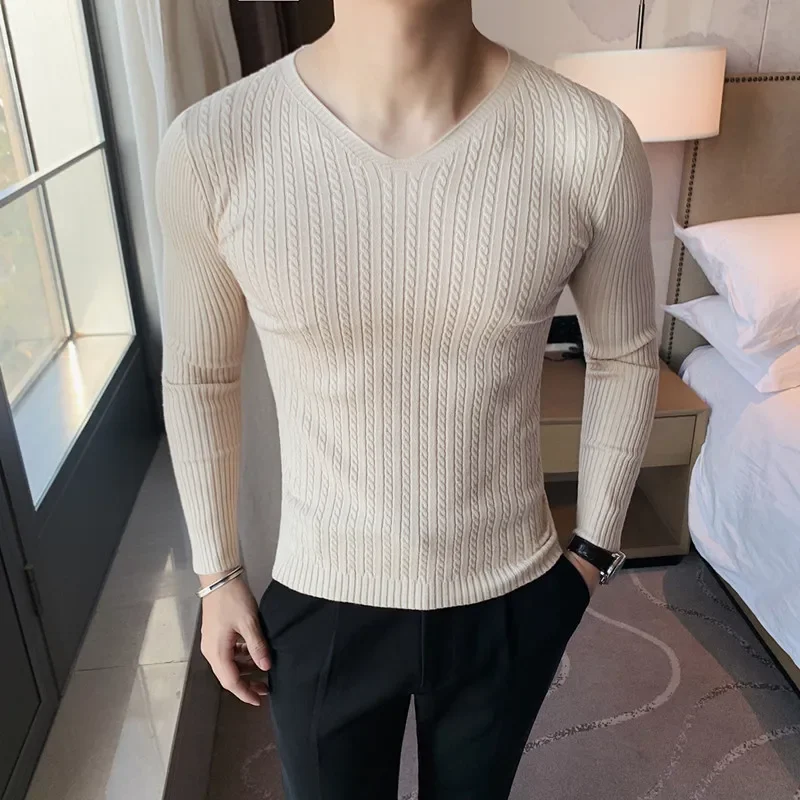 

2023 Brand clothing Men High Quality Knitted sweaters/Male Slim Fit V-neck Set head Leisure Knit T-shirt Plus size S-4XL