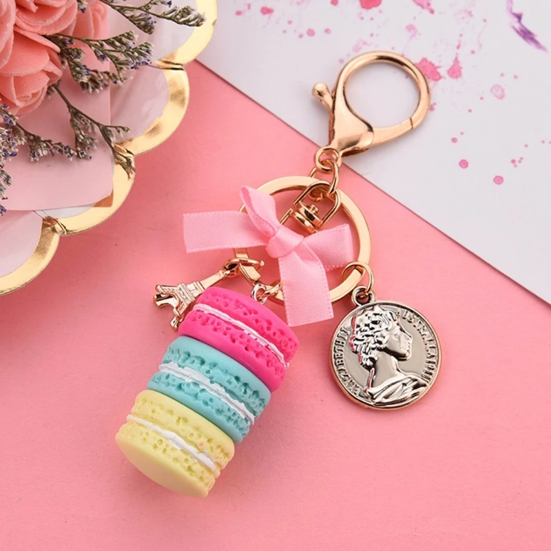 634C Fashion Cake Keychain Car Keyring Women Bag Charm Accessories Macaron with Paris Tower Key Chain Jewelry Gift for Girls