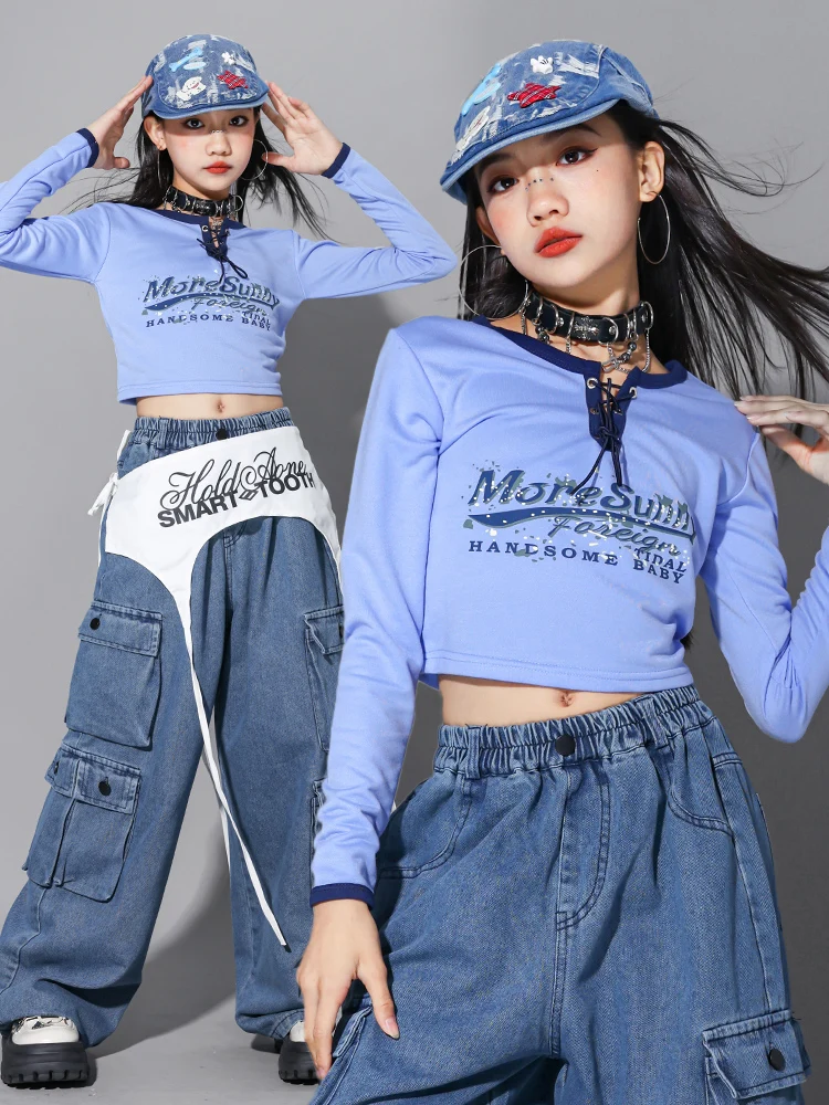 Kpop 2025 meninas roupas jazz hip hop dança traje azul denim calças de carga mangas compridas roupas desempenho dança rua bl18029