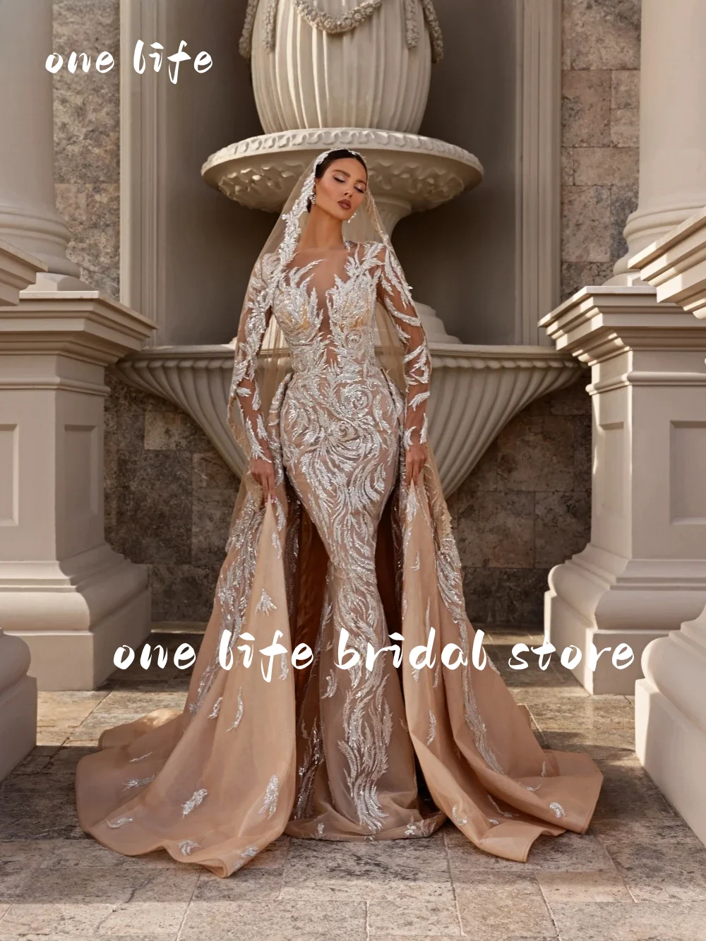 Champagne Embroidery Beaded Lace Wedding Dresses Detachable Train Exquisite Long Sleeve Bridal Gown Customized Vestidos de novia