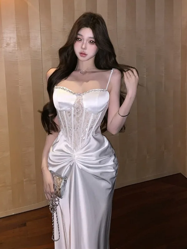 Robe blanche à bretelles, broderie lourde, Fibone, moulante, jupe d'anniversaire pour femmes, saison d'été, événement de bal