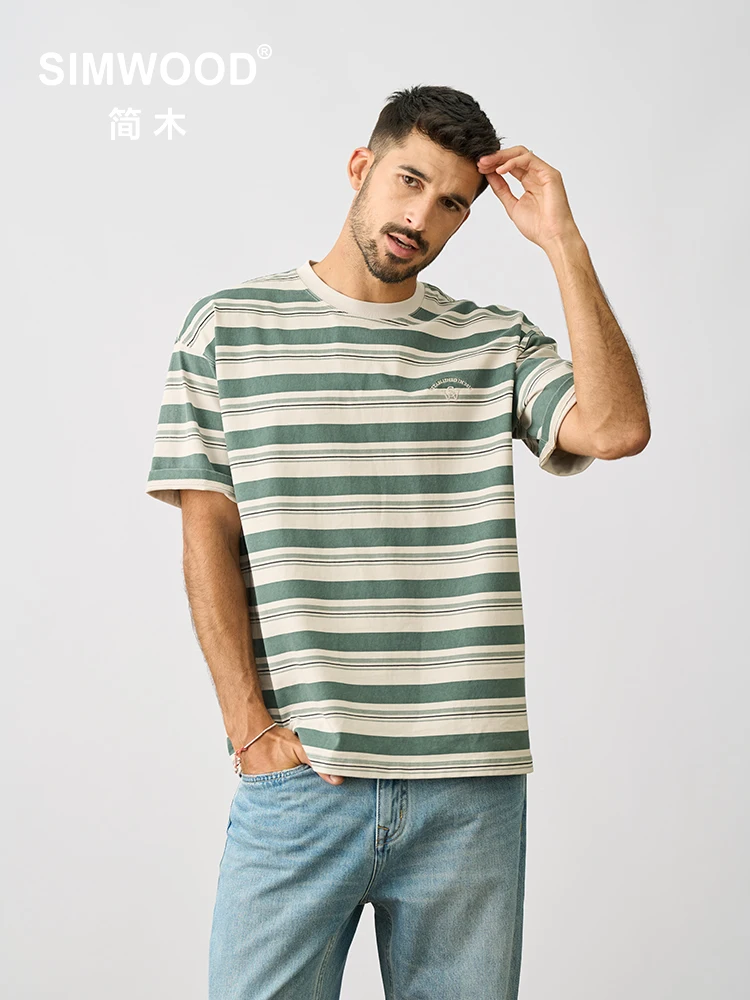 SIMWOOD 2024 Summer New Super Loose Fit Vintage Striped T-shirts Men Heavyweight 310g 100% Cotton Fabric Oversize Streetwear Top