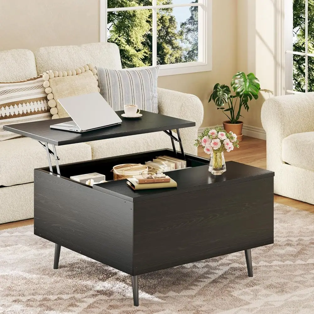Contemporary Square Coffee Table with Storage, 31.5, Illuminated Top, Suitable for Living Room, Black