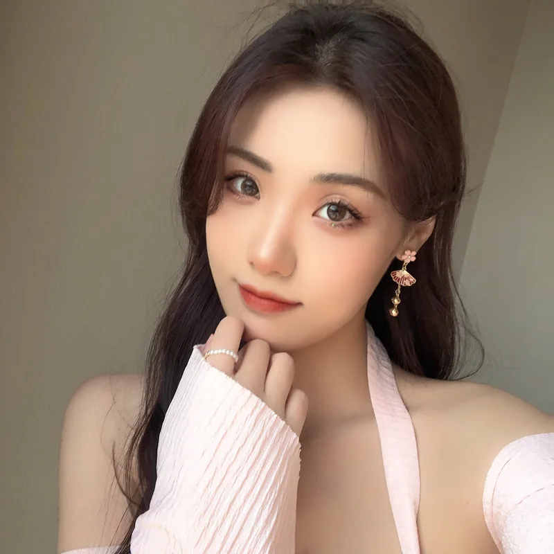 Chinese Style Fox Mask Folding Fan Asymmetrical Long Tassel Earrings For Women Girls Cherry Blossom Ear Hook Christmas Jewelry
