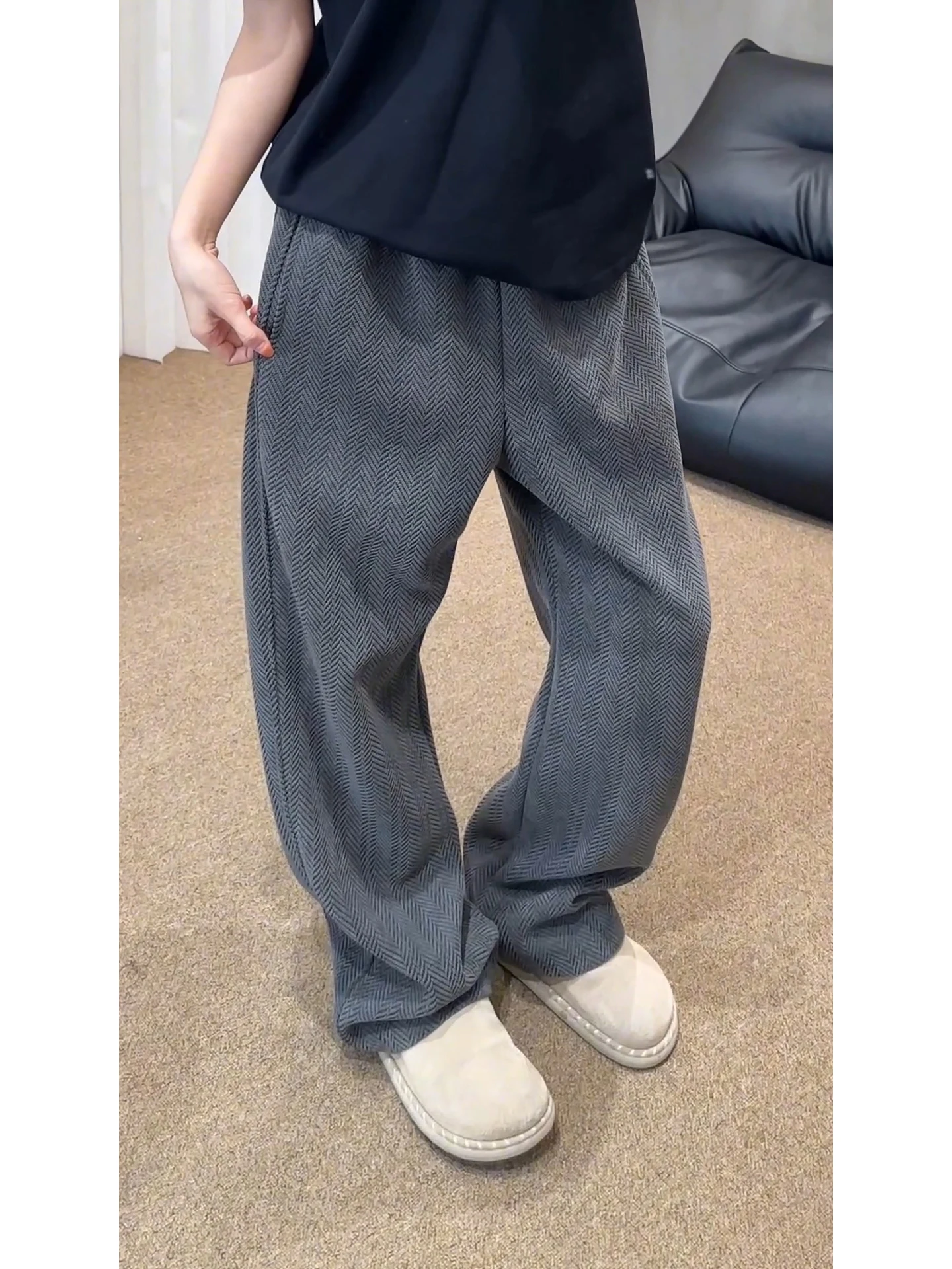 

ey Heavyweight Curved Blade Sweatpants Men's Loose Fit Straight Leg Casual Spor Pants Autumn Leisure Comfortable Trousers