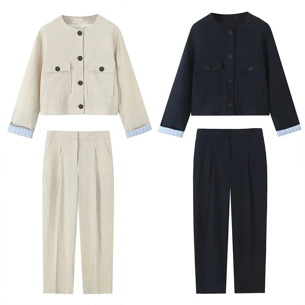 

ZBZA Women's Loose Cropped Jacket Trousers Set O-neck Single Breasted Coat High Waist Straight Pants Spring Summer New Chic Suit