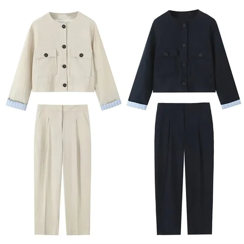 -Conjunto de pantalones y chaqueta corta holgada para mujer, abrigo con una botonadura y cuello redondo, Pantalones rectos de cintura alta, traje elegante para primavera y verano