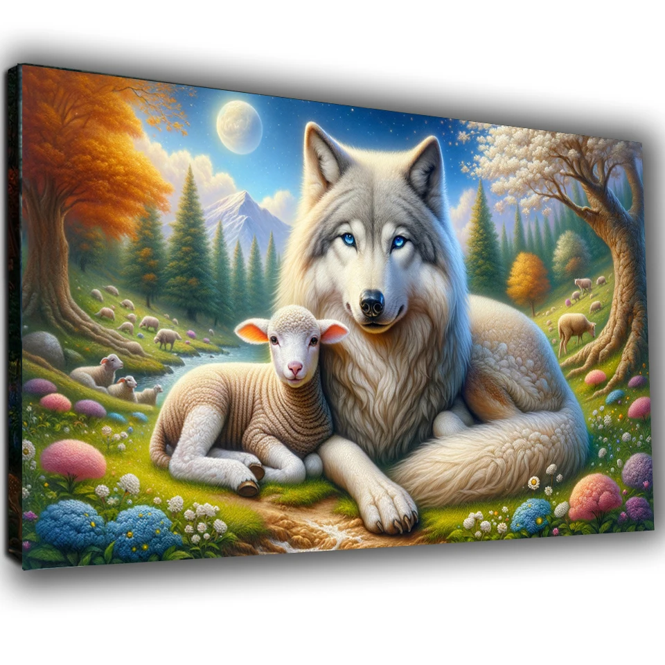 

DIY Diamond Painting Epic Harmony Wolf and Lamb Portrait Pattern Full Crystal Mosaic Embroidery Kit Fantasy Art For Home Decor