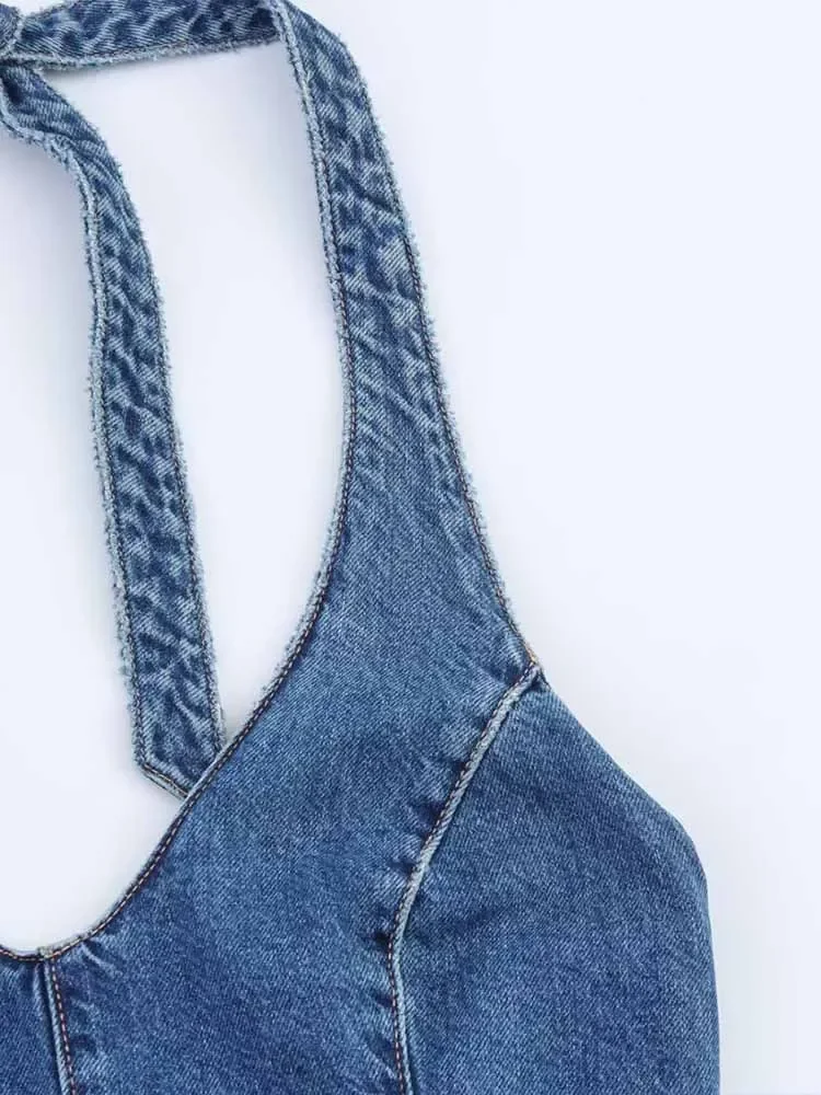 FDEY to     Letni kombinezon damski w stylu europejskim i amerykańskim, z temperamentem, dekolt w serek, dopasowany, wiązany na szyi, z odkrytymi plecami, dżinsowy.