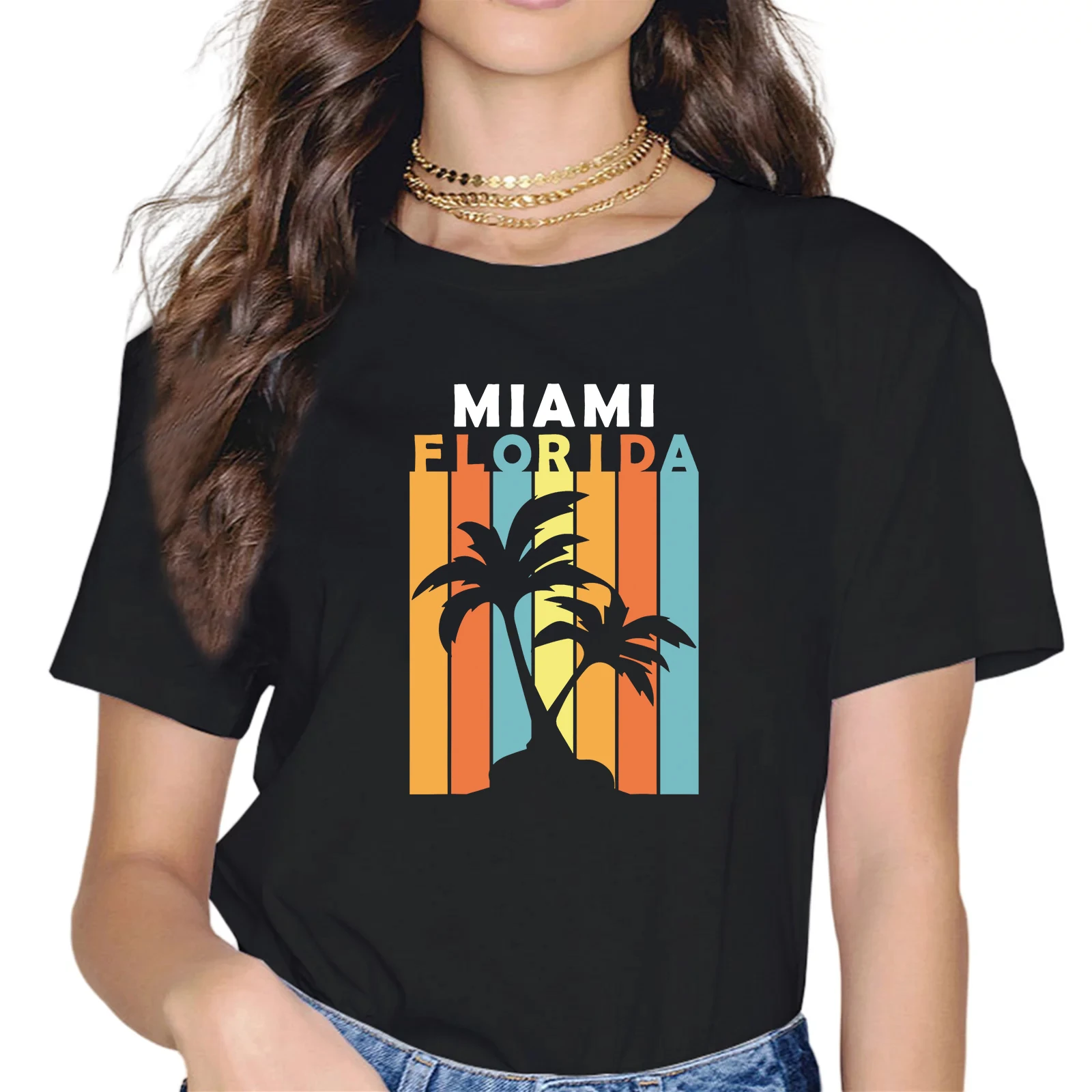 Женская Летняя Повседневная Хлопковая Футболка В Стиле Ретро Miami Florida Palm С Короткими Рукавами И Круглым Вырезом В Стил...
