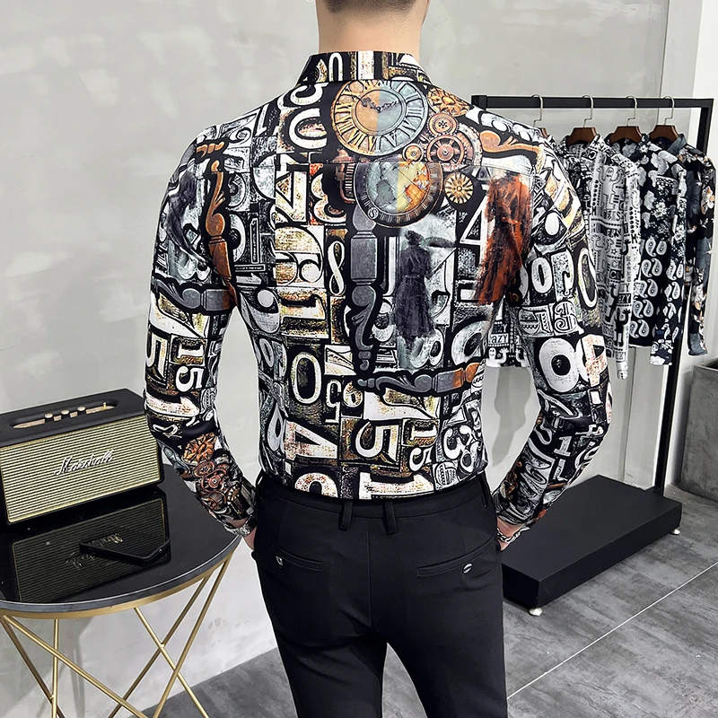 Vintage Street Graffiti Printing Shirts For Men Long Sleeved Slim Fit Korean Fashion Men Shirt Party Club Social Tops Hombre 6XL