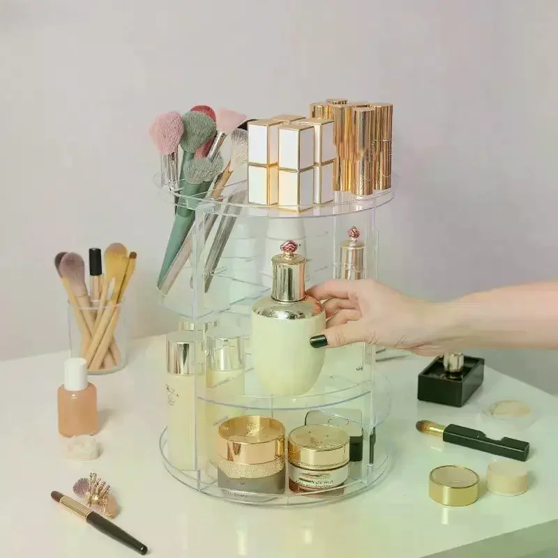 

Rotating Makeup Organizer Cosmetic Display Case With Brush Holder Perfume Tray Storage Carousel For Vanity Bathroom Countertop