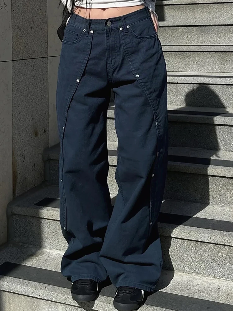 Damen-Jeans mit niedriger Taille, gerade, lockere Passform, weites Bein, Denim-Hose mit Nietendetails für lässige Streetwear, Frühling und Herbst