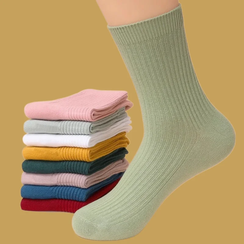 

5/10 Pairs Autumn And Winter No Fading Warm Casual Mid-length Waist Pile Socks Solid Color Plus Thickened Mid-tube Women's Socks