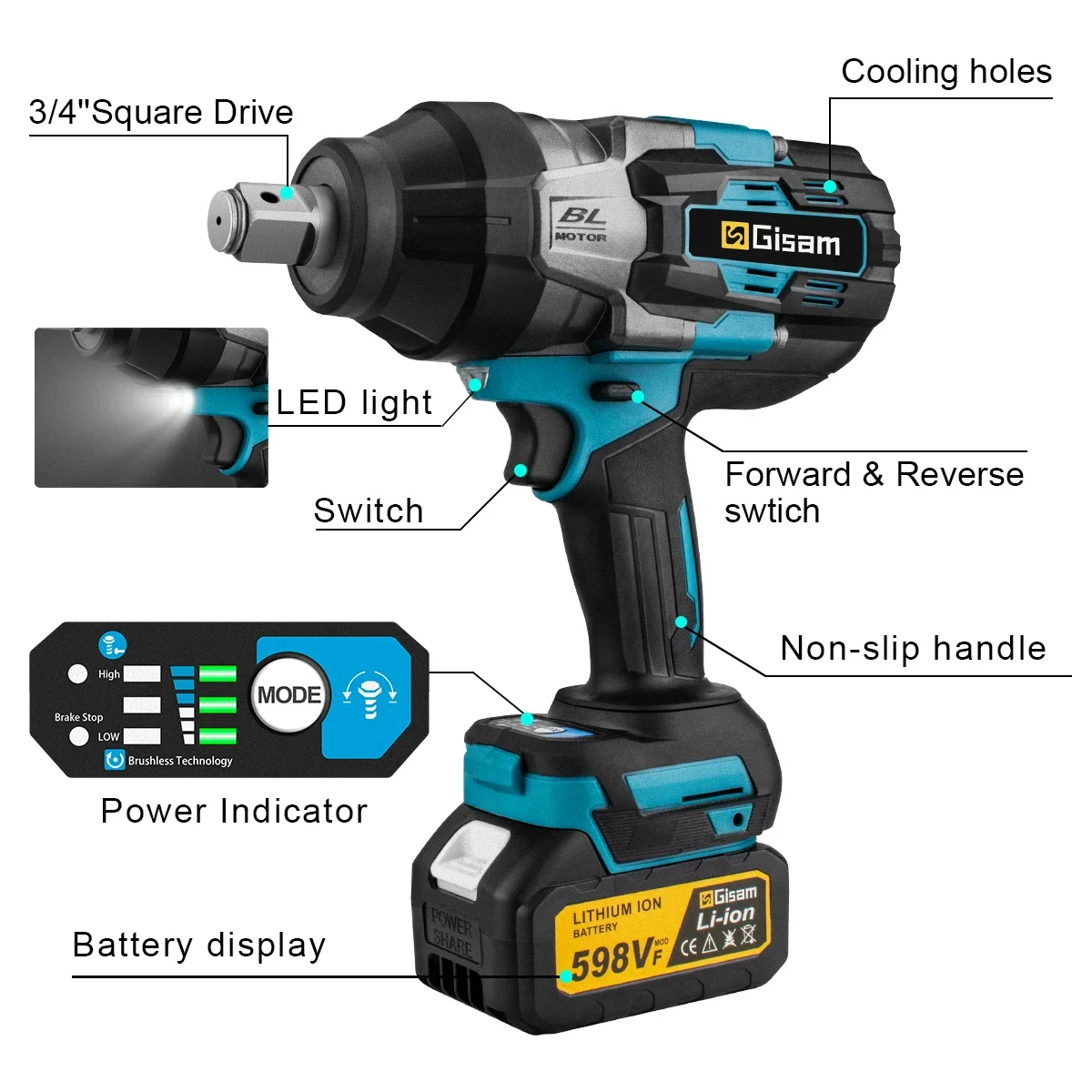 Gisam 3100N.M Torque Brushless Electric Impact Wrench 3/4 inch Cordless Electric Wrench Power Tools for Makita 18V Battery