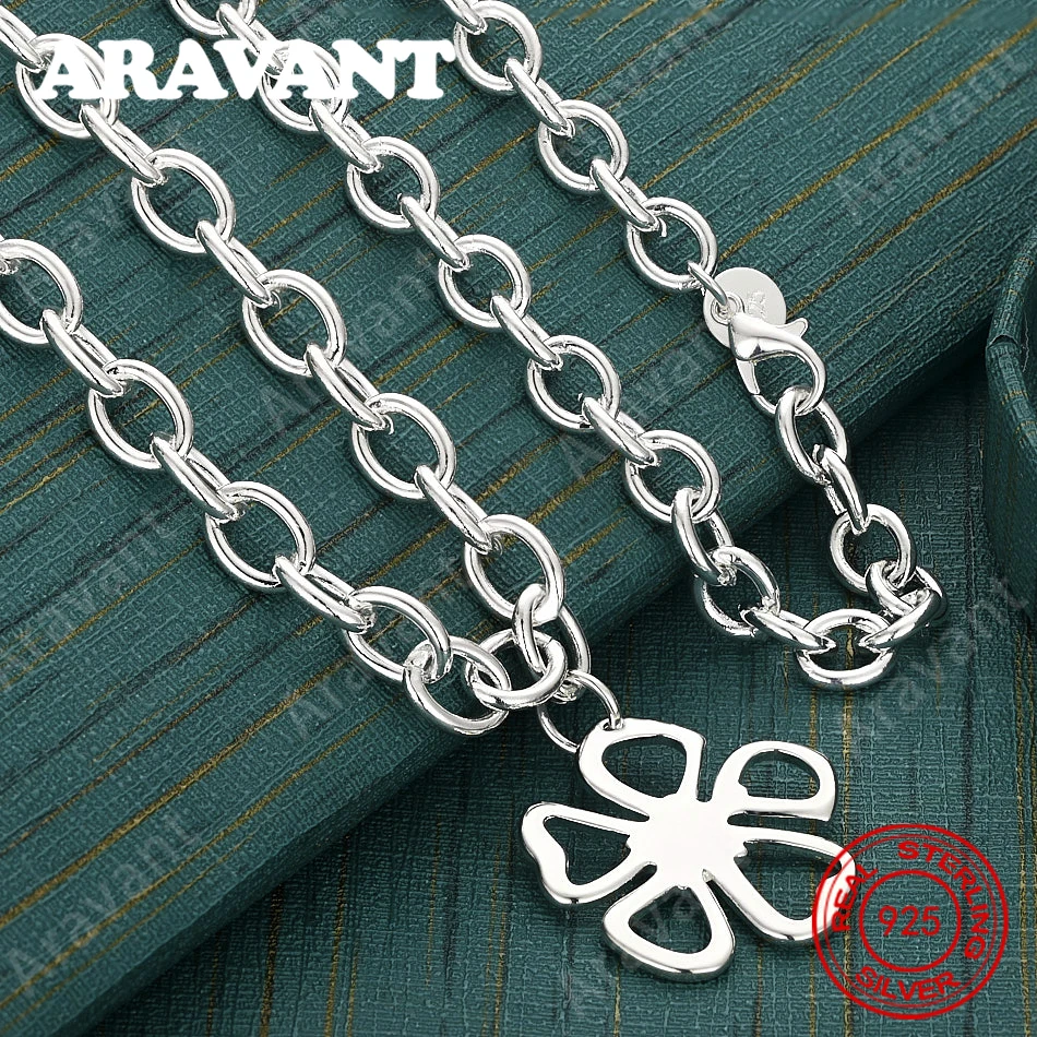 925 Sterling Silver O-Shaped Chunky Chain Pendant Five-Leaf Clover Necklace - Unique Gift, Versatile For Events And Jewelry