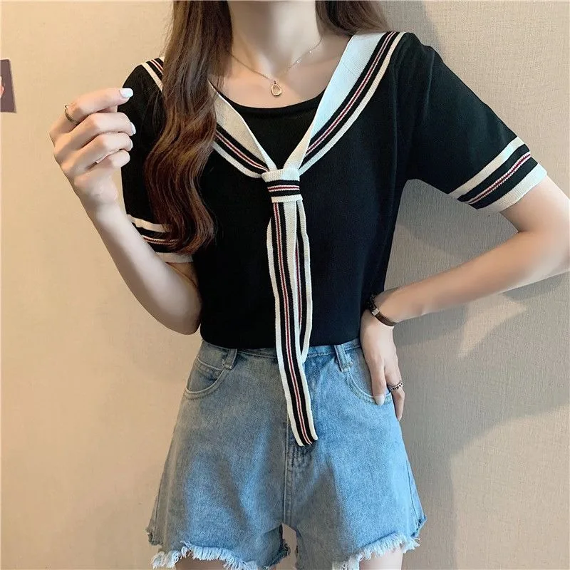 O-neck Bow Tie Striped Knitted T-shirts Women 2024 New Summer Short Sleeve Tops Students Sweet Versatile Casual Tees Female