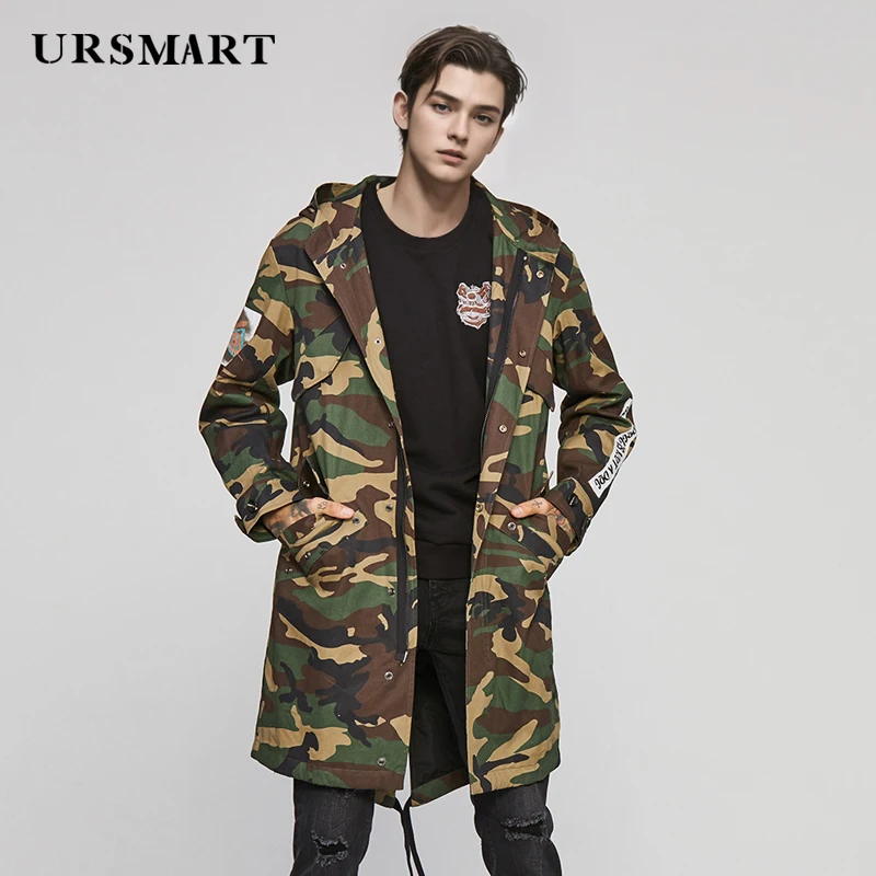 Men\'s Classic Camouflage Hooded Parka - Mid-Length British Fashion Warm Customized Casual Coat