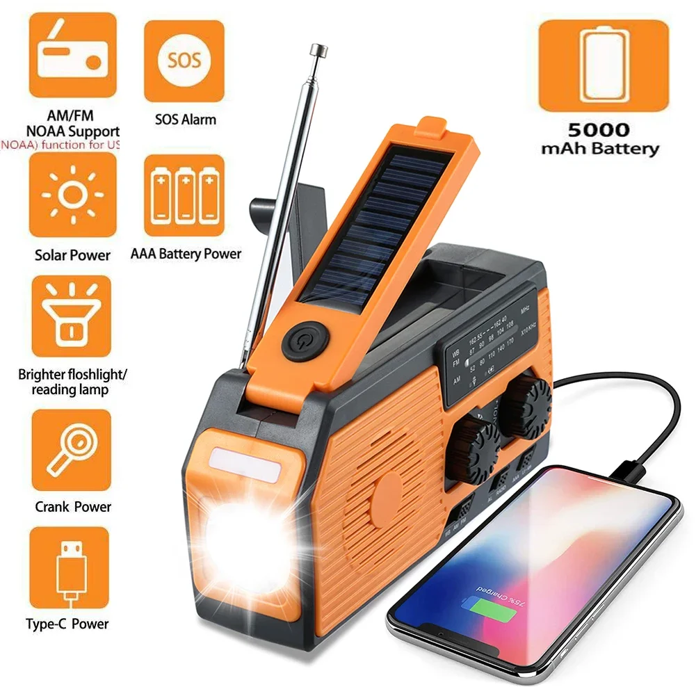 Weather Radio with LED Flashlight Power Bank 5000mAh Emergency Solar Power Radio USB Charging Hand Crank Radio FM AM WB NOAA