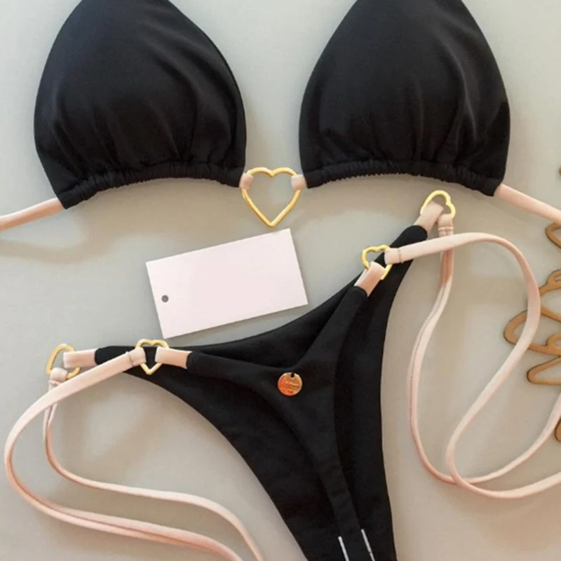 ผู้หญิงเซ็กซี่สีทึบ Halter บิกินี่รายละเอียดโลหะ Push Up Bra ทองด้านล่างบราซิลแยกชุดว่ายน้ําแฟชั่น Beachwear ฤดูร้อน