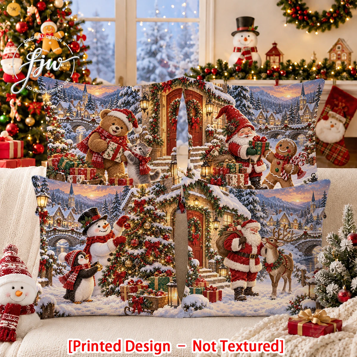 2/4pc Christmas Throw Pillow Covers Winter Holiday Cute Santa Snowman Deer Bear Decorative Cushion Cases for Home Sofa Couch