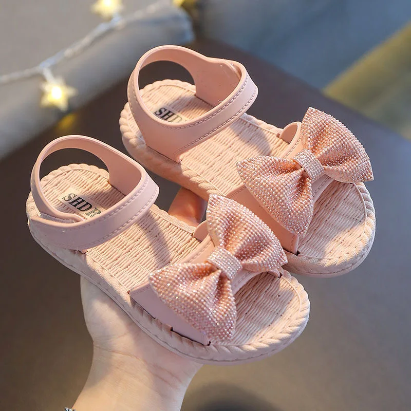 Kids Shoes Summer Sandals for Girls Bow Non-slip Soft Soled Versatile Solid Korean Children Sweet Princess Shoes Beach Sandals