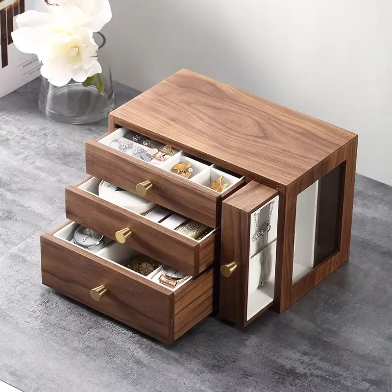 Modern Wooden Jewelry Box Three Layer Storage Organizer for Rings Necklaces Earrings Rectangular Display Case Custom Design