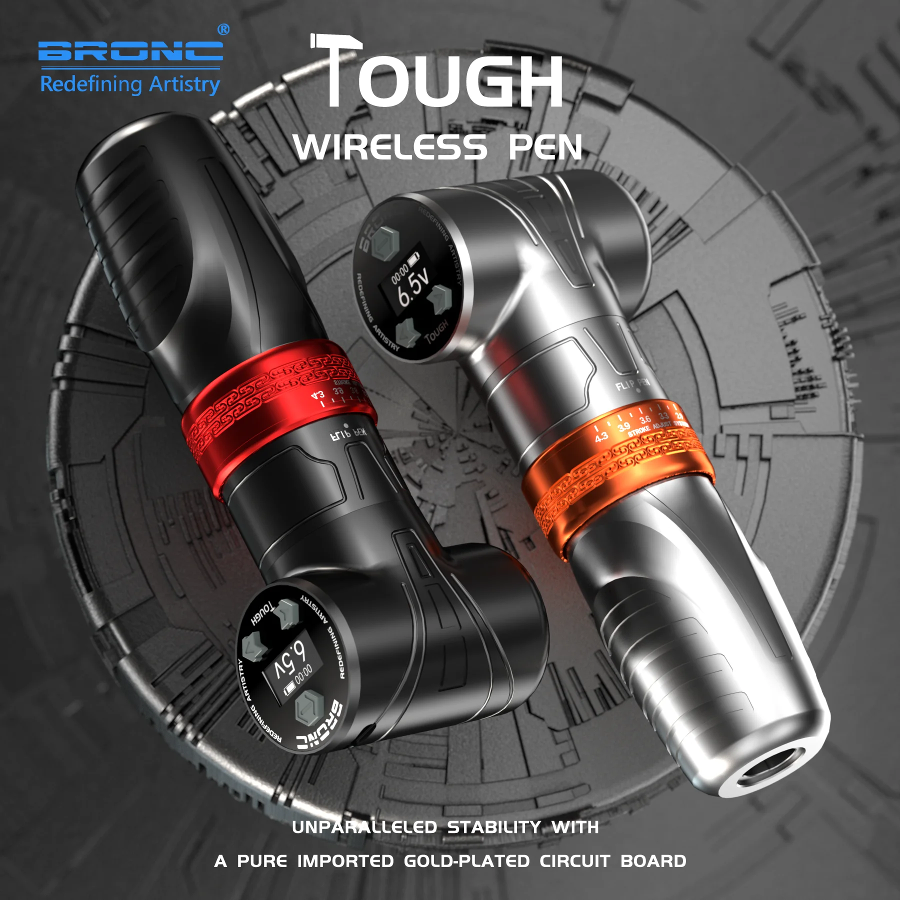 

BRONC TOUGH Wireless Tattoo Machine Pen 2.6-4.3mm Stroke Swiss DC Motor Tattoo Gun Direct Drive 2100mAh OLED Display Battery Pen