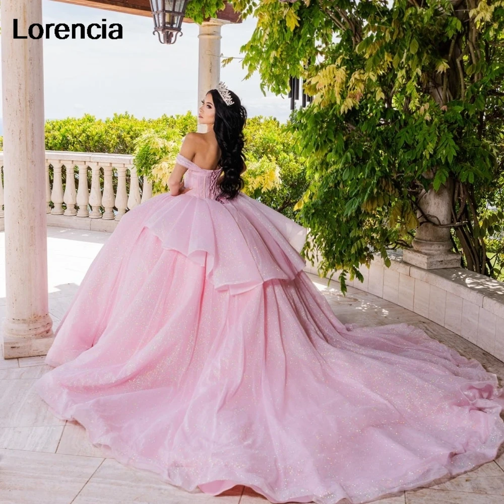 Lorensia gaun dansa biru Quinceanera berkilau gaun pesta manik-manik Applique berkilau korset berjenjang kristal manis 16 Vestidos De 15 aduduk YQD949