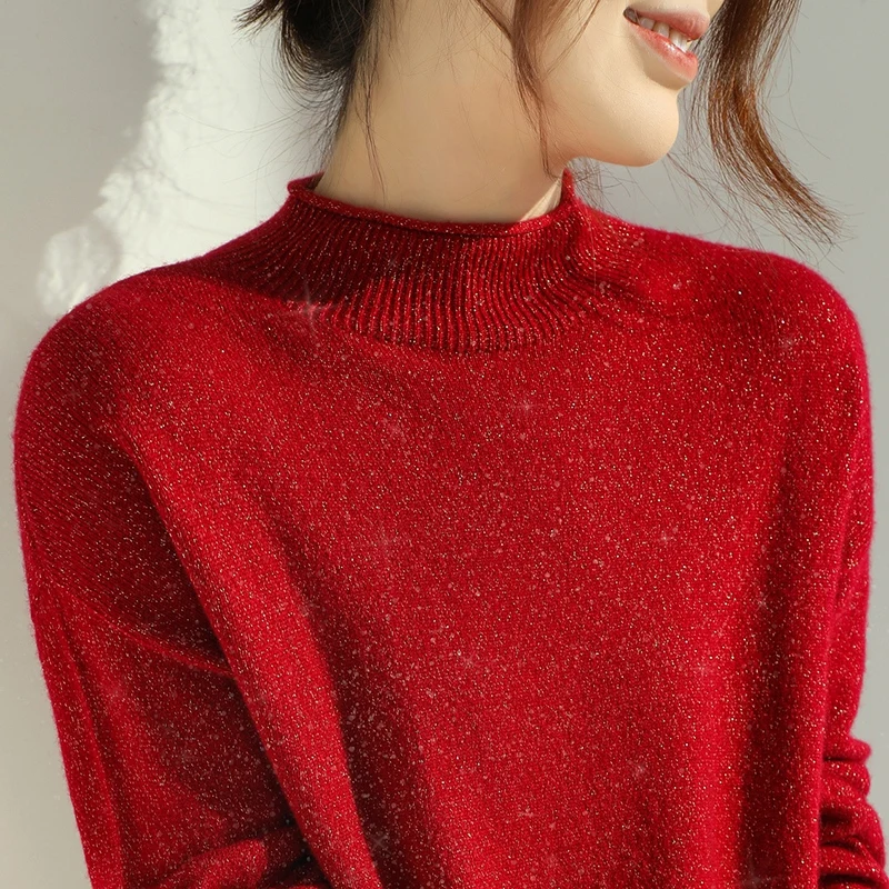 Conjunto rojo de lana de alta calidad para mujer, traje de punto informal holgado de Cuello medio alto, pantalones de pierna ancha, traje de 2