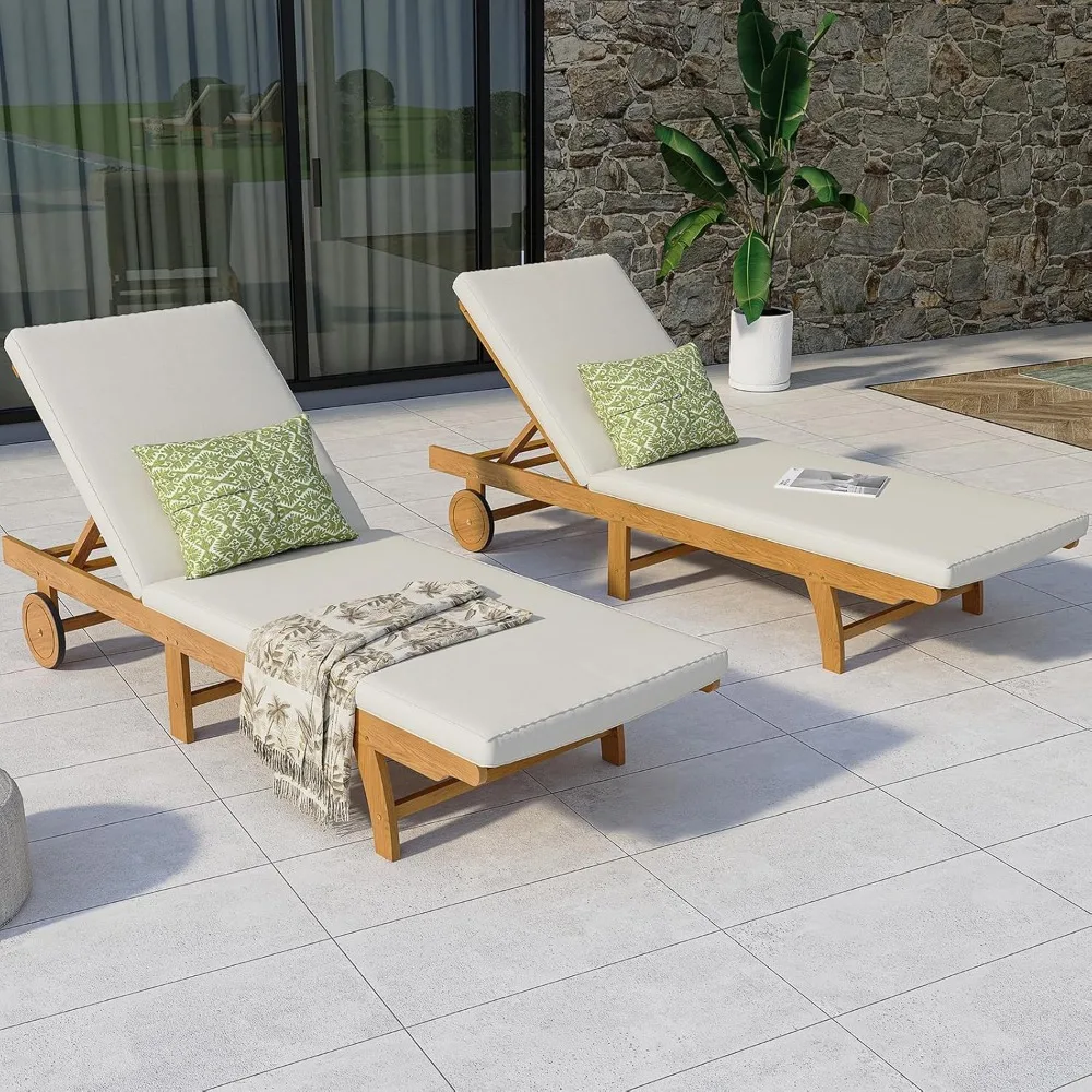 

Acacia Wood Patio Chaise Lounge Chair Set of 2, Outdoor Folding Lounge Chair Recliner with Wheels, Sun Pool Lounger Chair with A