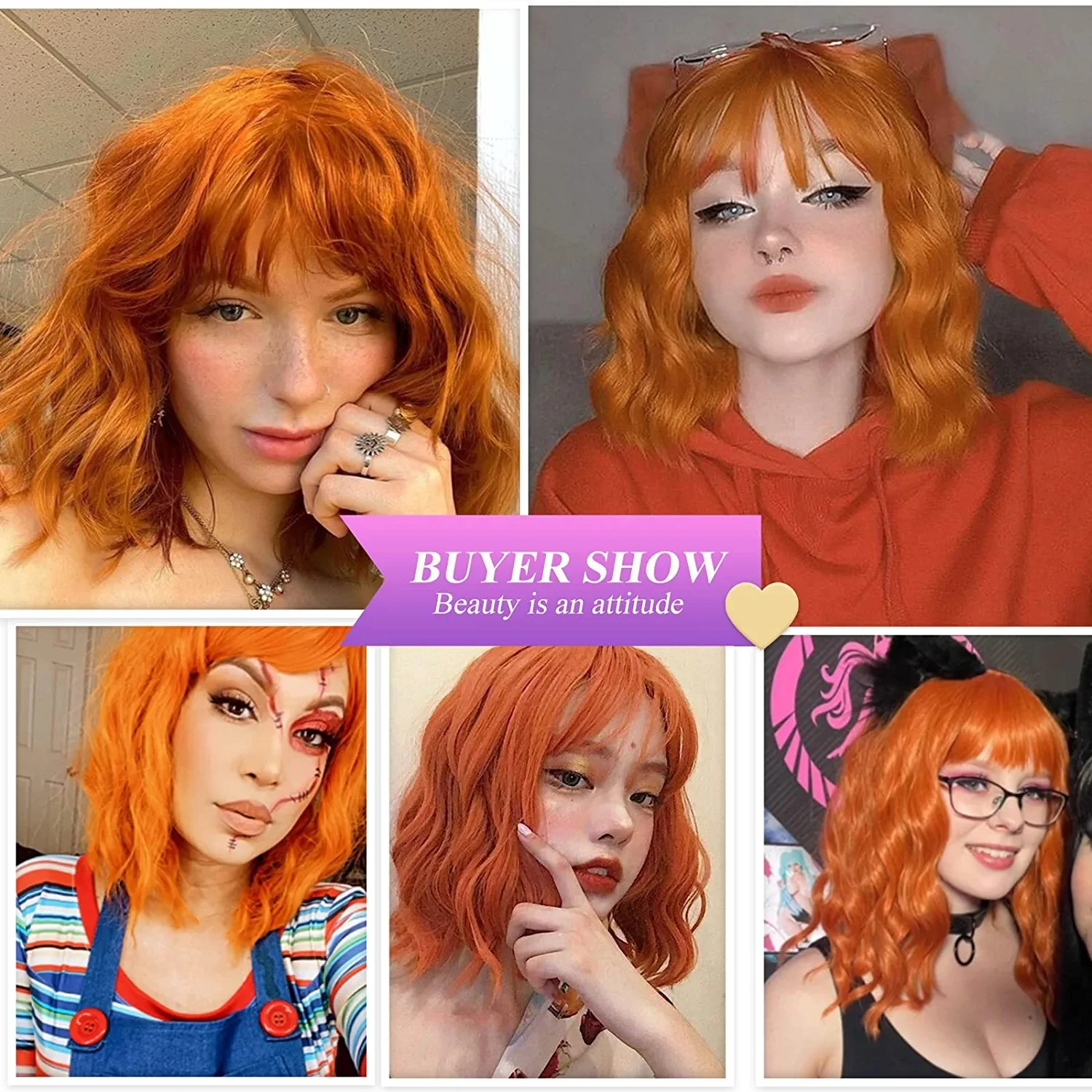 Short Curly Ginger Orange Copper Synthetic Hair Wigs with Bangs for Women Afro Cosplay Party Natural Wave Bob Wig Heat Resistant