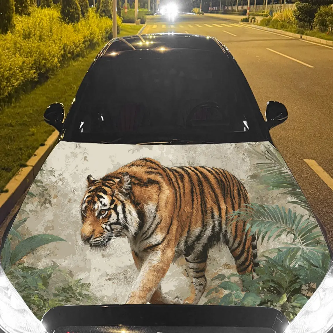 Car Decal Tiger with Lush Jungle Textured Motif in Artistic Wildlife-Commanding Style - Bold Terrestrial Dominant Fantasy Aesthe