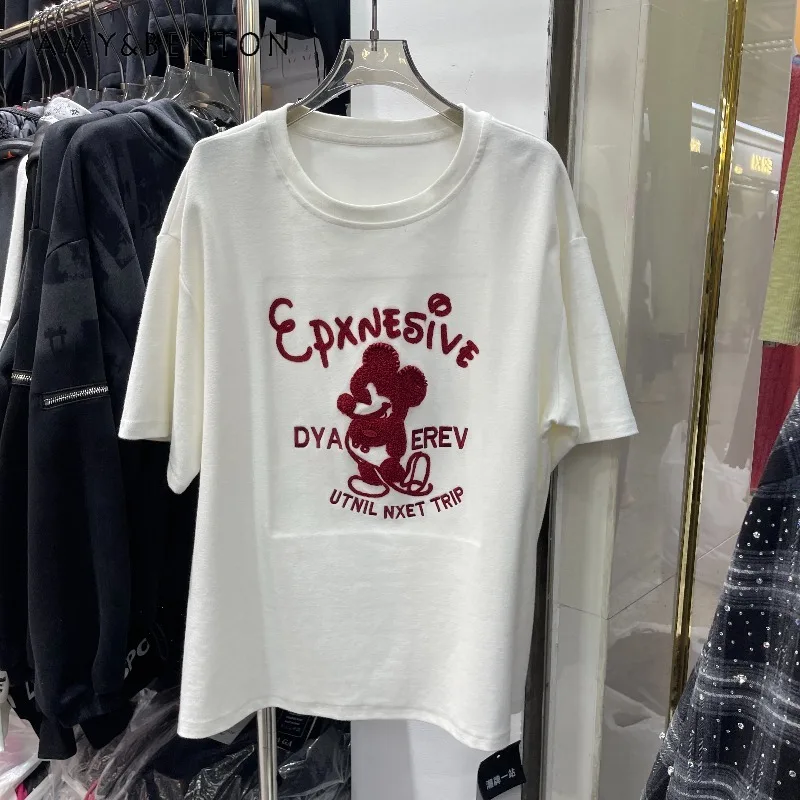 

2025 Autumn New Loose Mid-Length Color Block Y2k Top Tees Cartoon Versatile Stylish Bottoming Short Sleeves Tshirt Pullover Girl