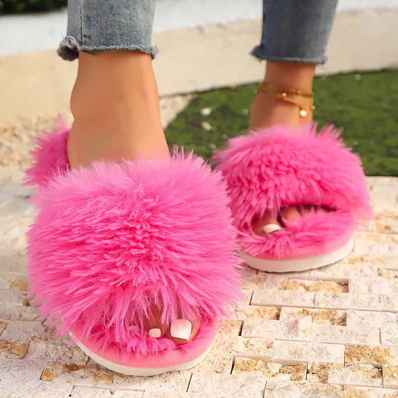 New Autumn Winter Women Fashion Faux Fur Slippers Solid Color Comfort Indoor Home Slippers Woman Lightweight Warm Fluffy Slides - Image 2