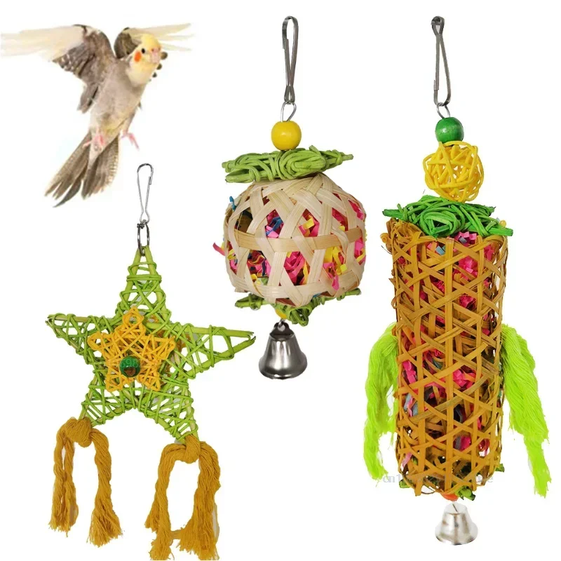 Natural Bamboo Rattan Weaving Cage Pet Bird Chewing Toys Parrots Cage Hanging Decoration Articles Pour Animaux De Compagnie