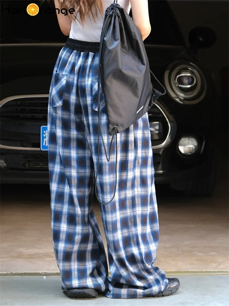 HanOrange 2024 Autumn Winter Retro Plaid Wide Leg Pants Women Loose Elastic Soft Trousers Blue/Black