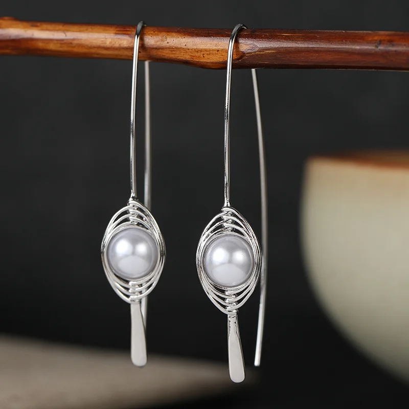 Minimalist Lines Women's Pendant Earrings Inlay Synthetic Pearl Gentle Texture Silver Plated Earrings Charm Elegant Jewelry