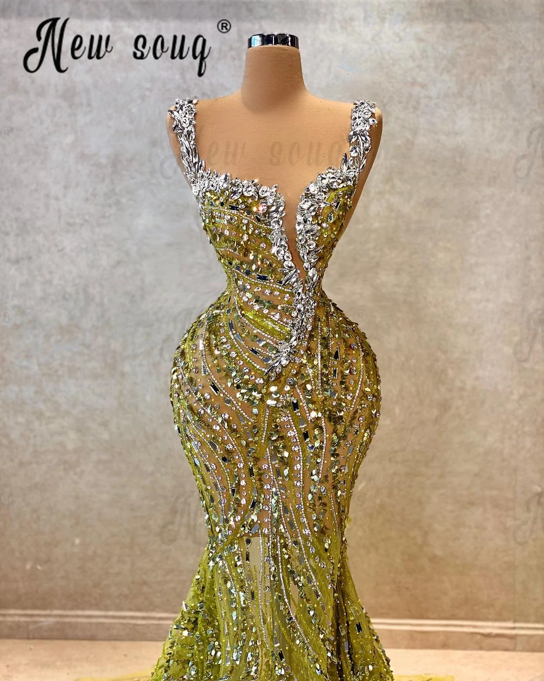 Crystals Spaghetti Strap Sage Green Cocktail Dress Arabic Long Mermaid Formal Dress Gown Women Birthday Event Dress Customize