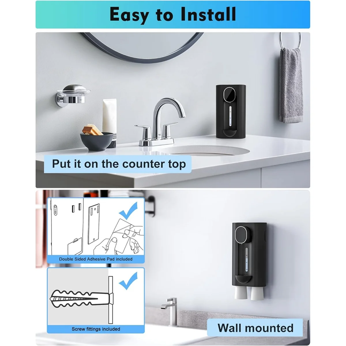Mouthwash Dispenser for Bathroom, 18.26 Oz (540Ml) Touchless Auto Mouth Wash Dispenser with Magnetic Cups Black