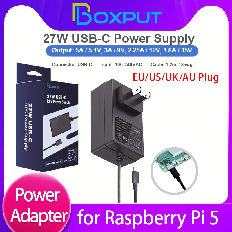 

BOXPUT 27W USB C Power for Raspberry Pi 5 Supply 5.1V 5A Compatible for PD Charing EU US UK AU Plug Power Adapter