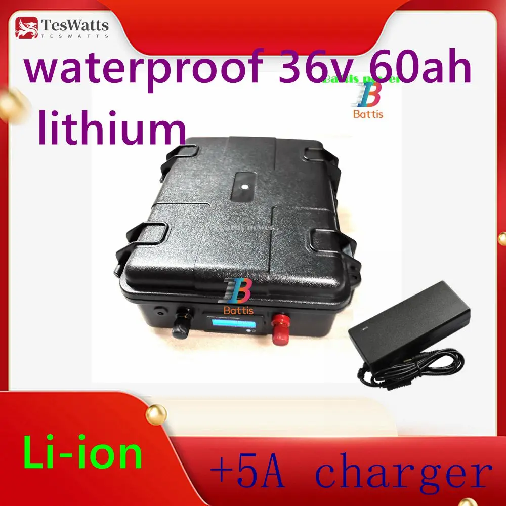 waterproof 36v 60ah lithium ion battery BMS li ion for 2000w 1500w Bike scooter boat EV Tricycle inverter +5A charger