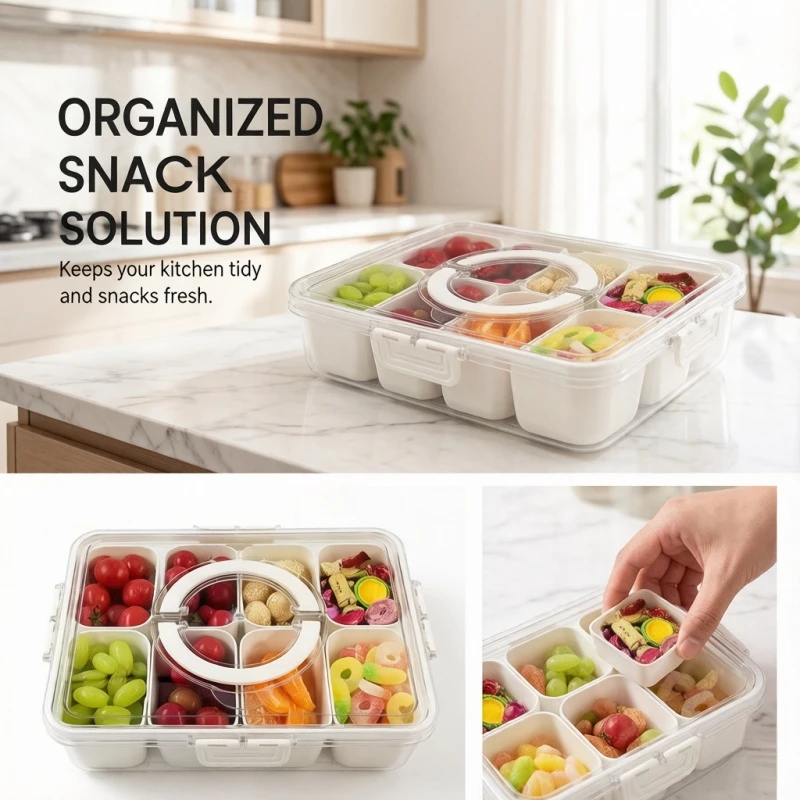 Stocking Stuffers Divided Serving Snack Spinner Tray with Lid & Handle, Portable Clear Snackle Box for Candy Fruit Nuts Veggie