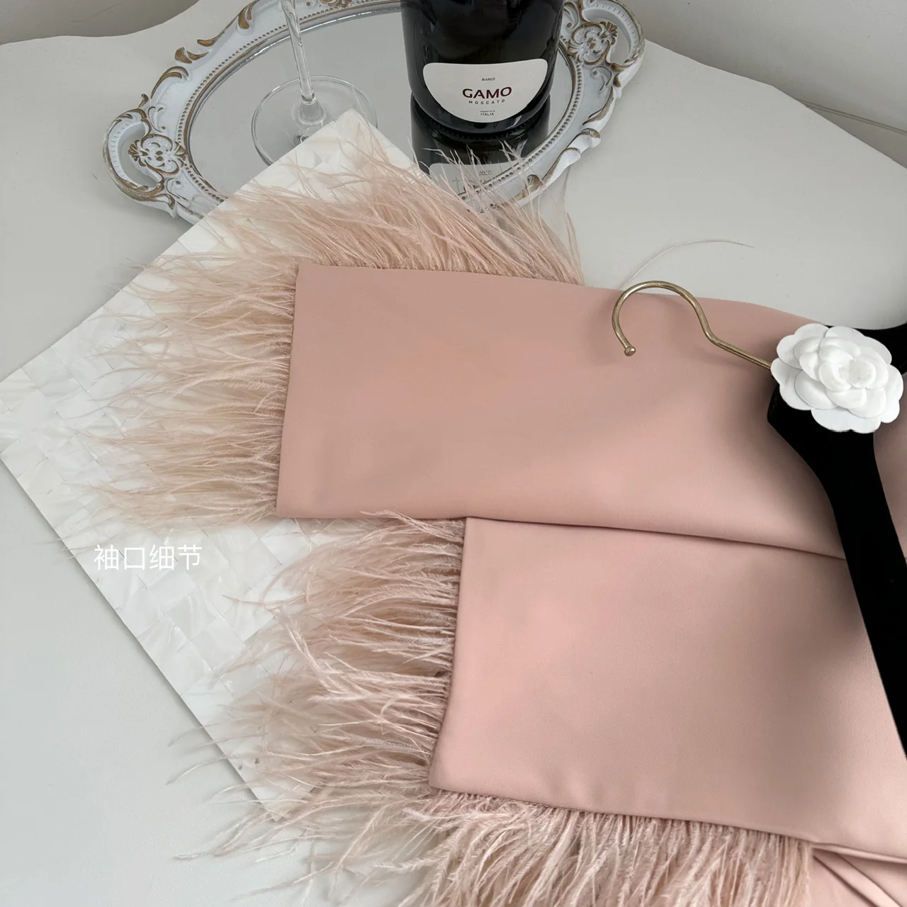 Cappotto Blazer con colletto dentellato rosa autunno moda di lusso nuovo cappotto allentato con piume di struzzo doppiopetto da donna di alta qualità