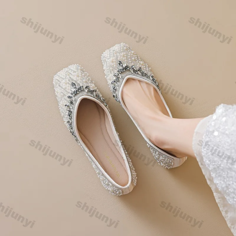 Elegantes Zapatos Planos de Novia para Boda, Talla Grande, con Punta Fina, Tipo Náutico, con Cuentas y Pedrería, Mocasines de Mujer con Punta Cuadrada y Suela Blanda