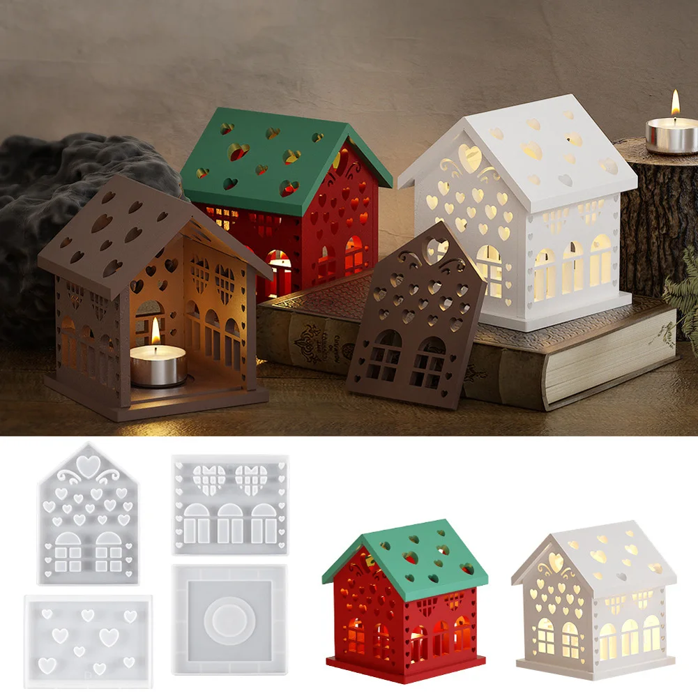 4PCS House Shape Silicone Cast With Roof & Base & 2 Side Models Handmade Diy Resin Clay Soap Model For Christmas Halloween Gifts