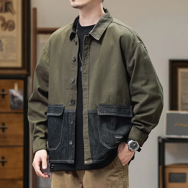 

Plus Size Men's Clothing Color Blocking Splicing Denim Jackets Loose Casual Trendy Streetwear Single Breasted Lapel Top Men Coat