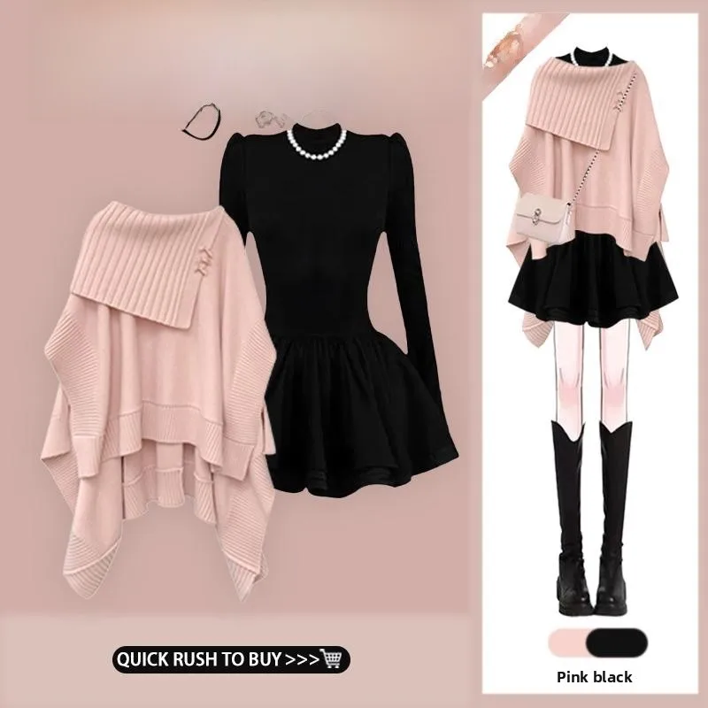

Fashionable Asymmetrical Knitted Sweater And Shawl Set for Women Elegant Casual Style Two-Piece Ensemble Autumn Collection